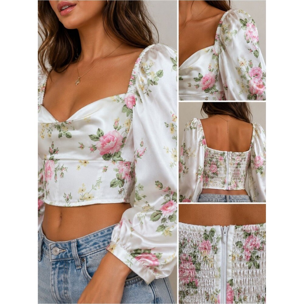 FORE Women’s Floral Puff Sleeve Crop Top with Sweetheart Neckline